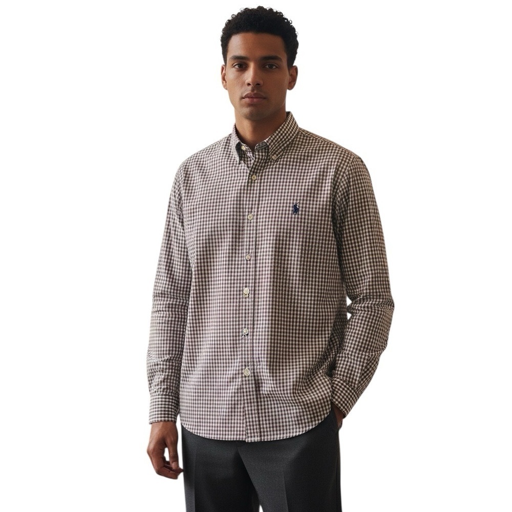 Ralph Lauren Golf Tilden Shirt Mens Medium Brown Gingham Cotton Button Down